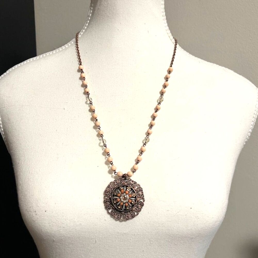 Peach Beads Copper Tone Chain Large Flower Pendant Boho Necklace